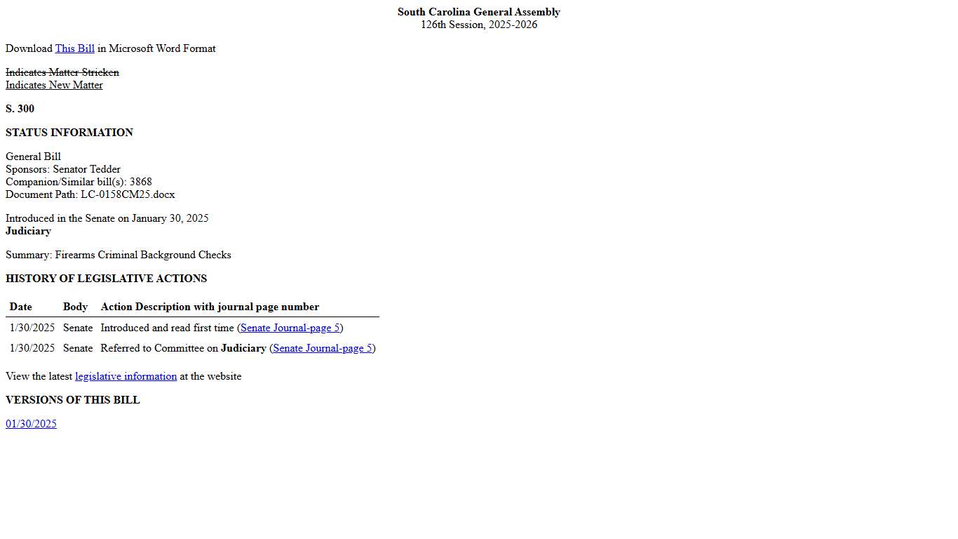 2025-2026 Bill 300: Firearms Criminal Background Checks - South Carolina Legislature Online